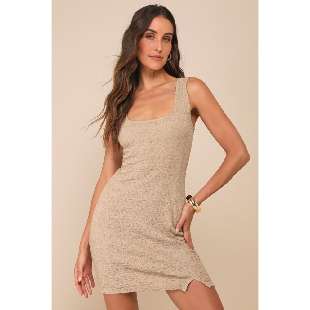Lulus Saturday Feelings Taupe Crinkle Square-neck Bodycon Mini Dress - Size S